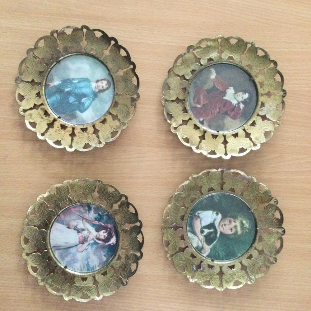 4 Vintage brass butterfly frames & vtg prints blue boy red boy pinky, girl w dog